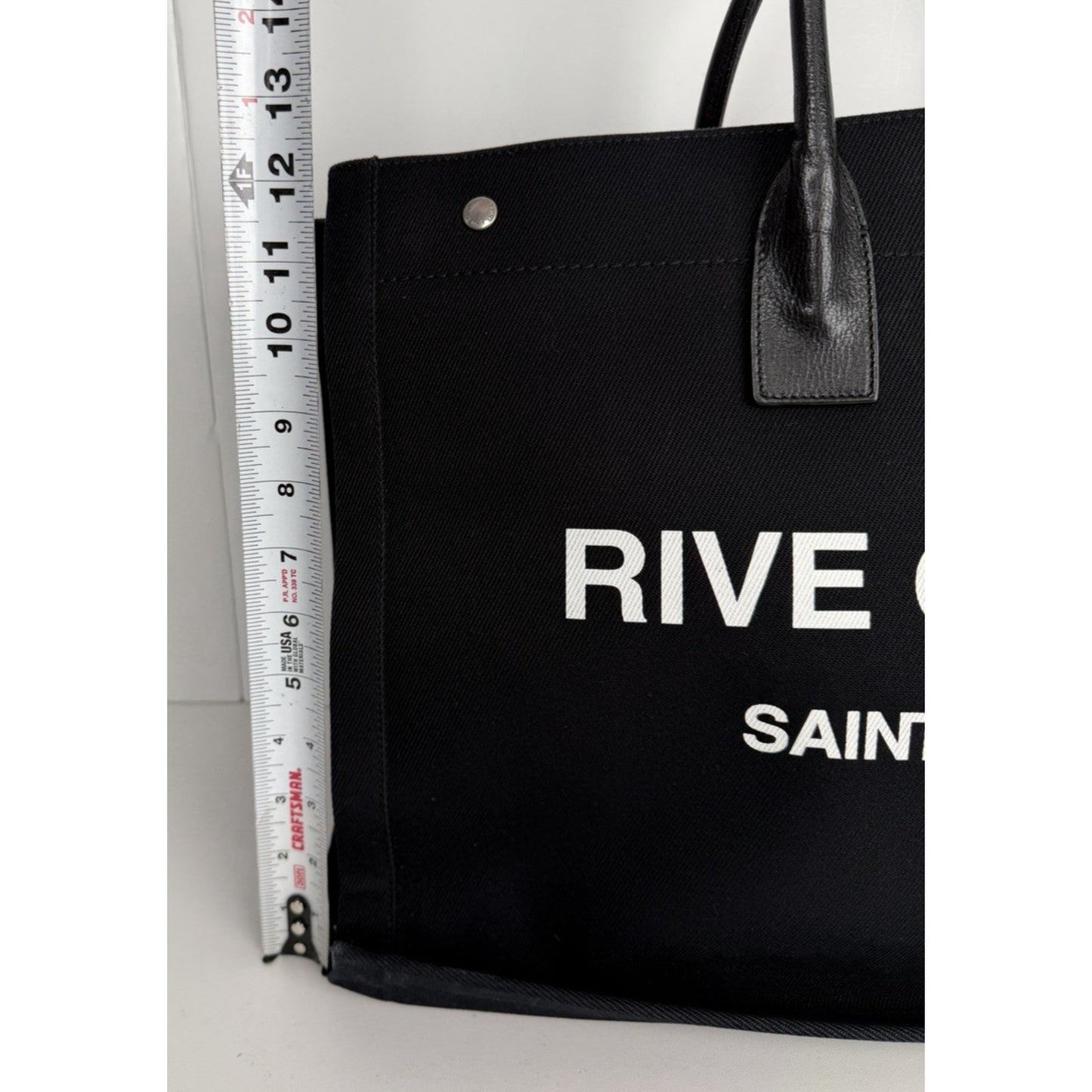 Saint Laurent Rive Gauche Tote Bag Bold White Logo Printed Black Canvas S