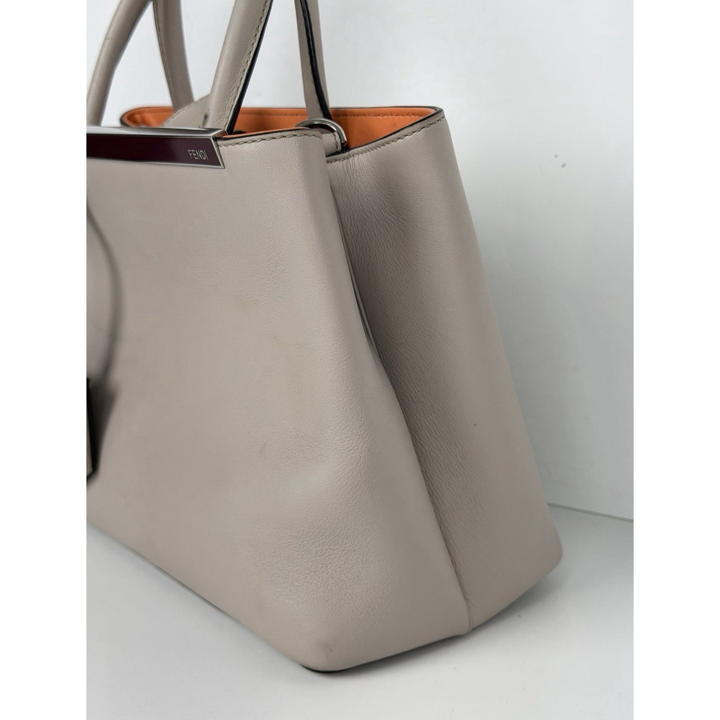 Fendi Petite 2Jours Tote Bag Neutral Gray Leather & Orange Leather Lining S