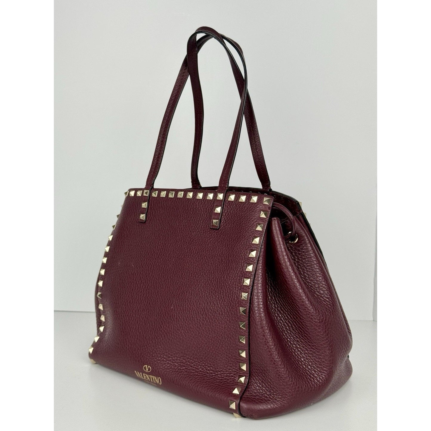 Valentino Garavani Rockstud Tote Bag Burgundy Leather Gold Hardware
