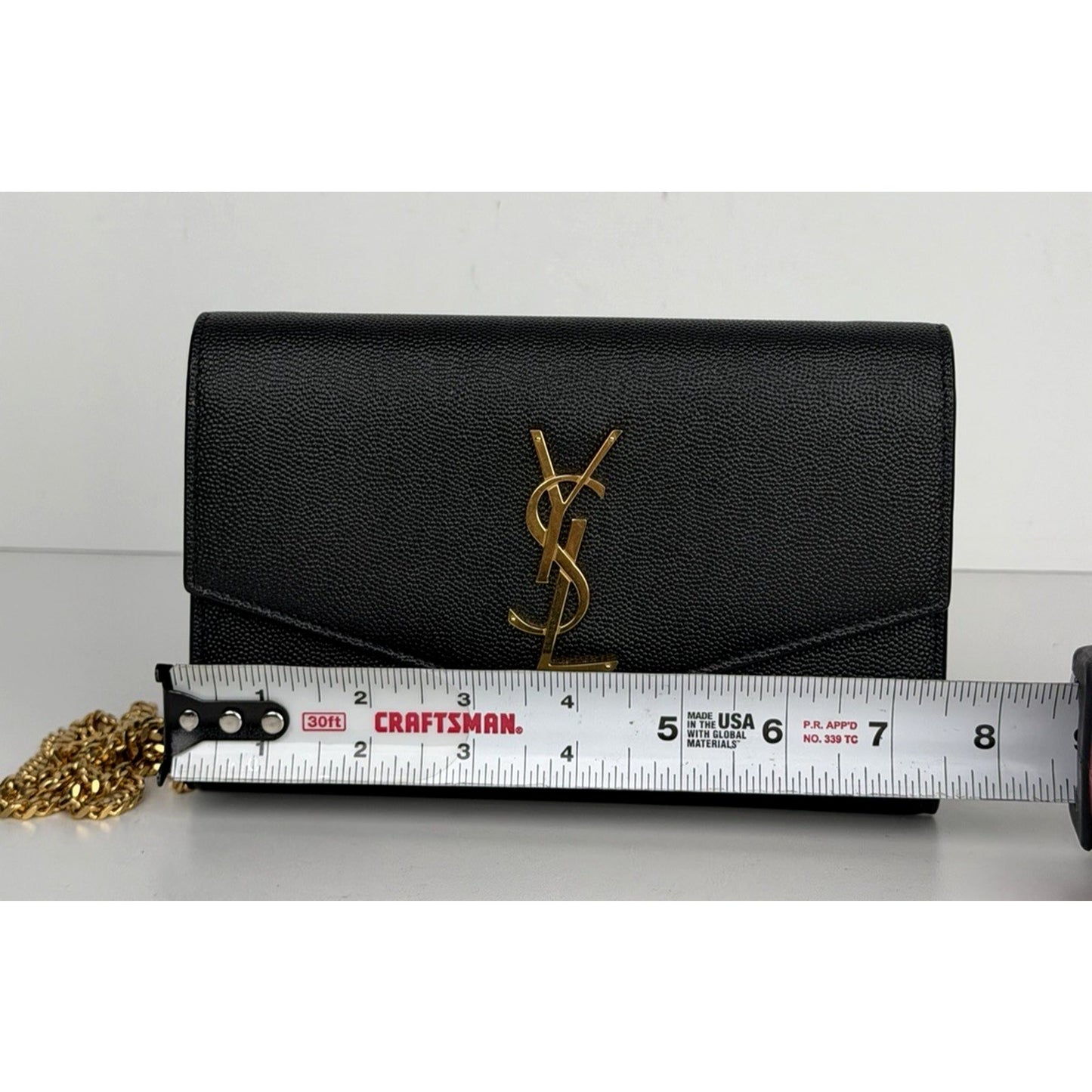 Saint Laurent Uptown Chain Wallet Mini Bag in Black Grain De Poudre Leather S08