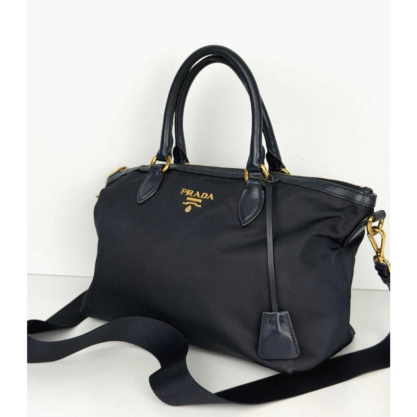 Prada Two-Way Satchel Handbag in Blue Tessuto Nylon Saffiano Leather S03