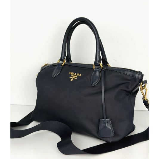 Prada Two-Way Satchel Handbag in Blue Tessuto Nylon Saffiano Leather S03