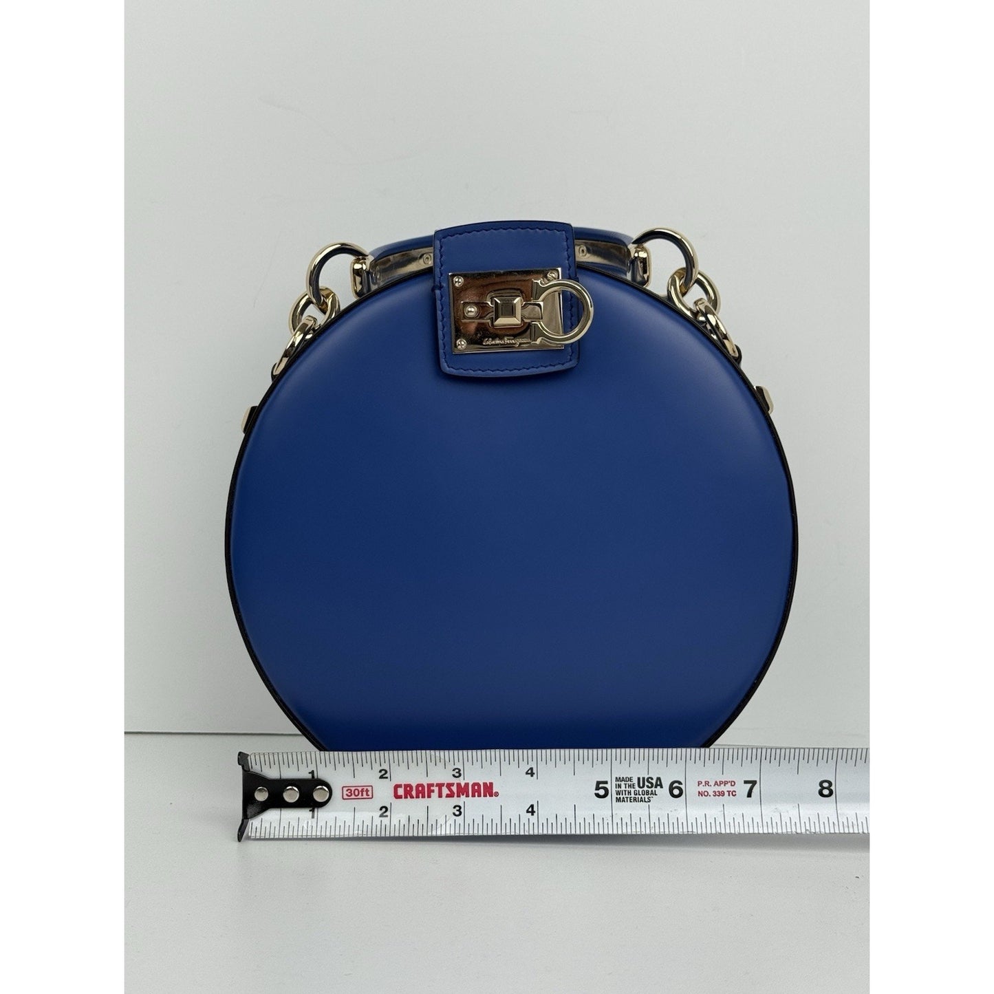 Salvatore Ferragamo Studio Round Bag Blue Leather with Gold Hardware