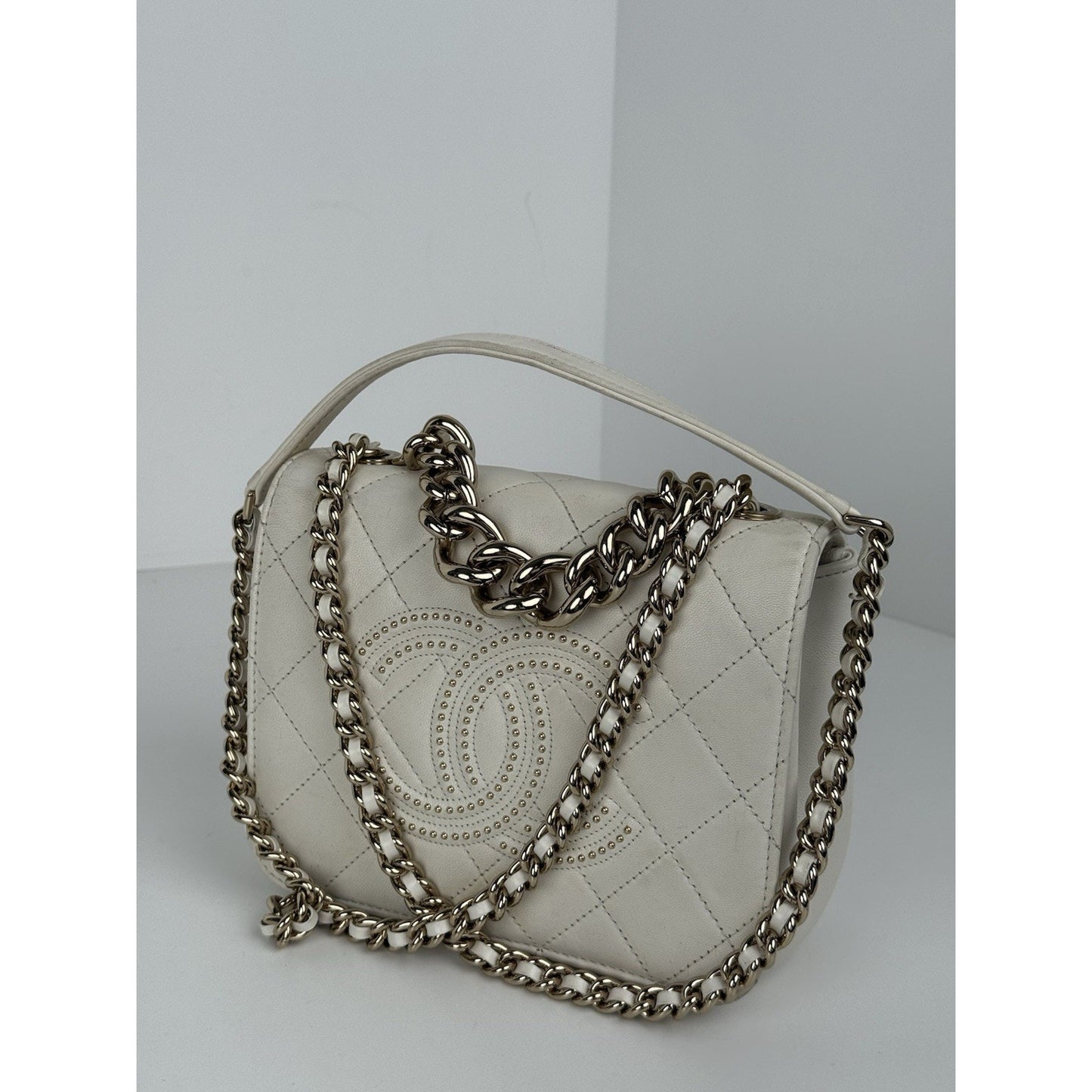 CHANEL White Lambskin Quilted Studded Beauty Begins Flap Shoulder Bag