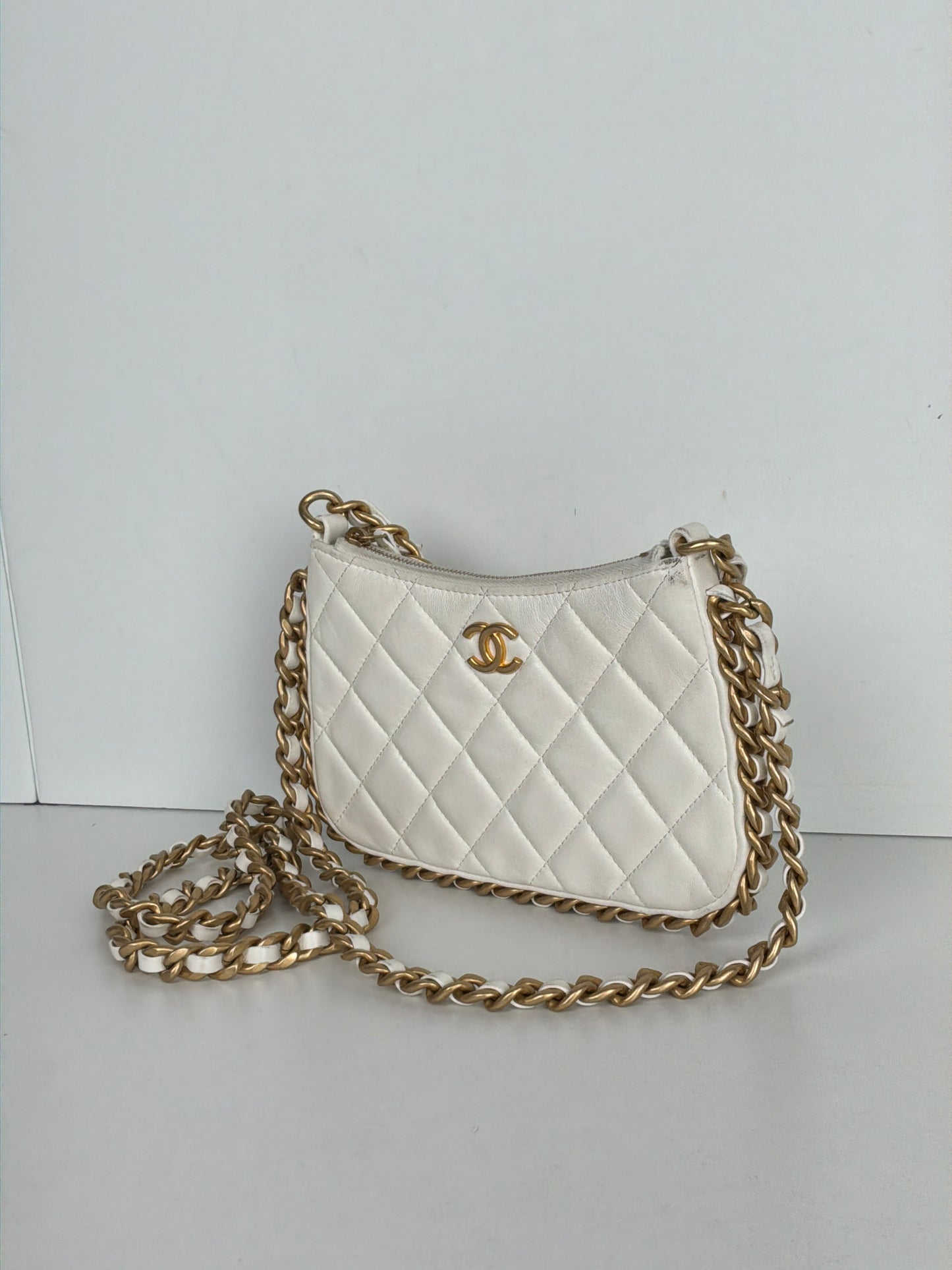 Chanel Lambskin Quilted Chain Around Top Handle Mini Bag White D4