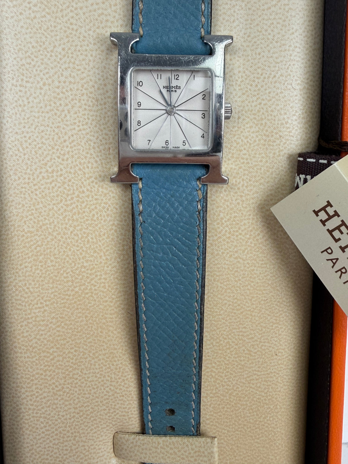 Hermes Heure H Watch 21mm in H-Shaped Stainless Steel Blue Leather Strap Y
