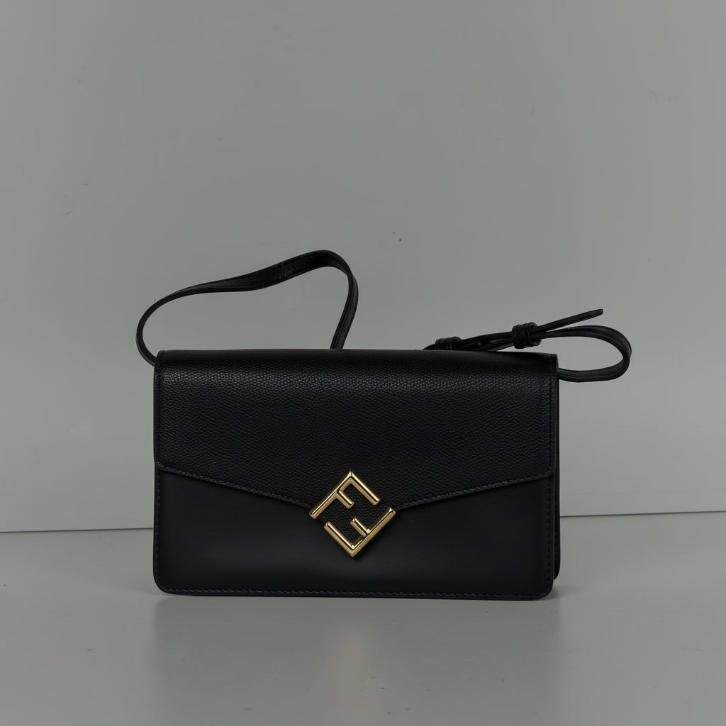 Fendi FF Diamonds Continental Wallet Bag on Chain in Black Leather S-10Y