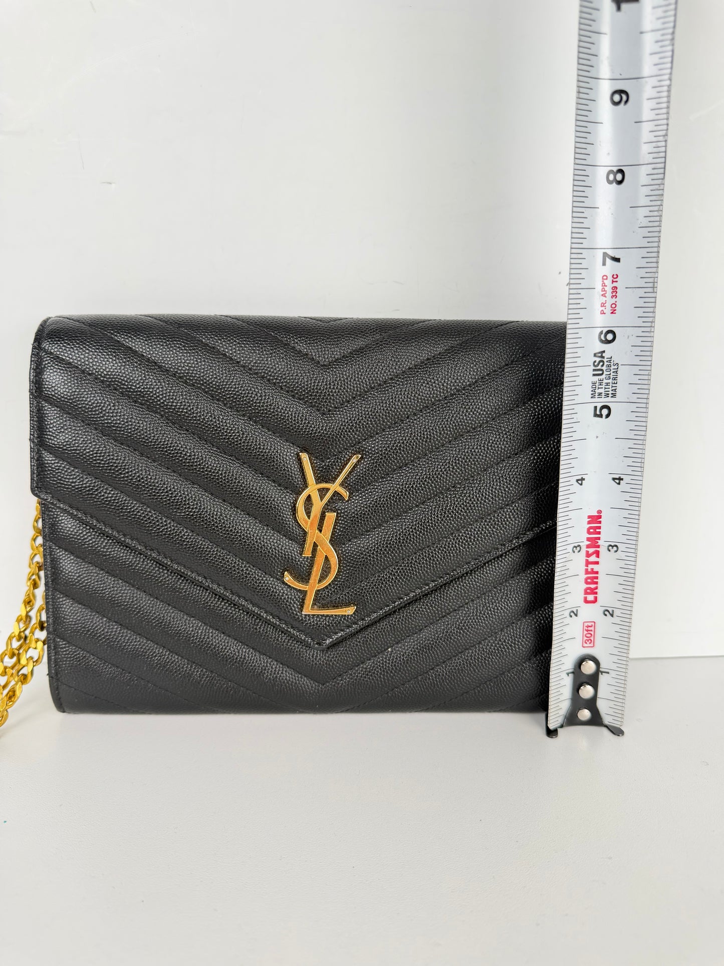 Saint Laurent Cassandre Envelope Wrist Bag in Black Quilted Grain De Poudre Leather YS-04