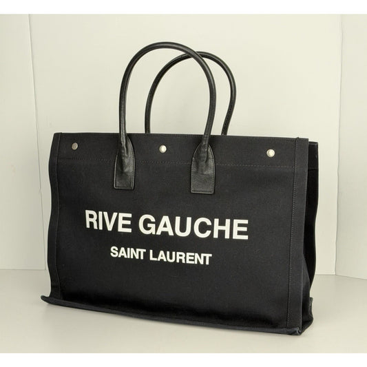 Saint Laurent Rive Gauche Tote Bag Bold White Logo Printed Black Canvas S