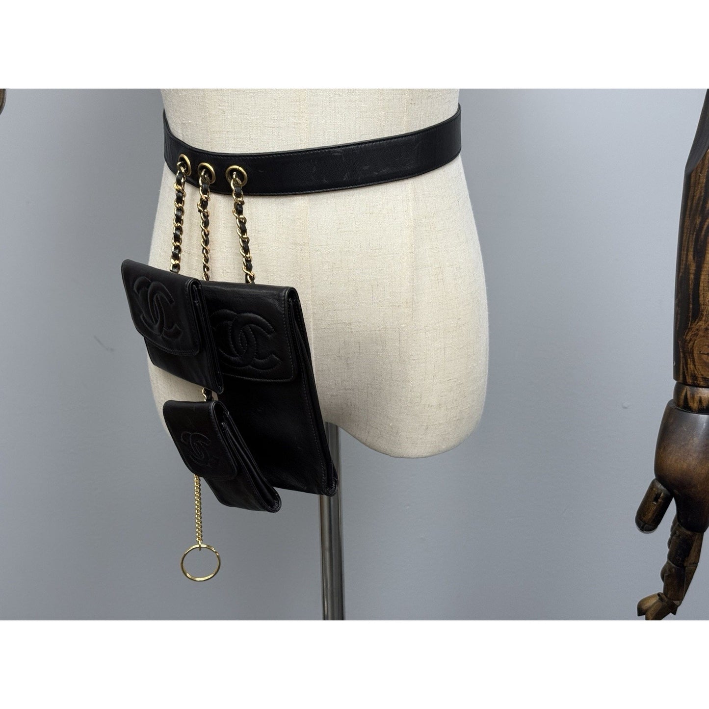 Chanel Vintage 1990 Waist Belt Multi Pouch Black Leather