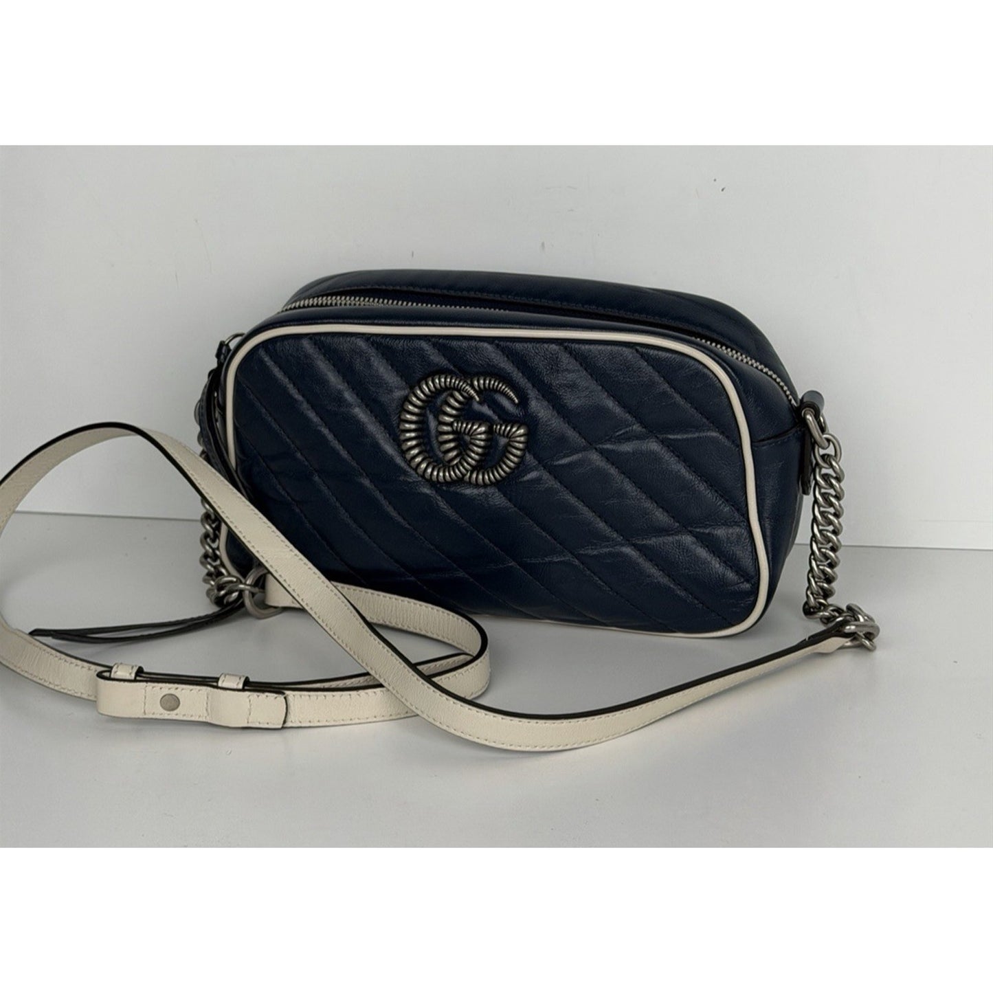 Gucci GG Marmont Small Shoulder Bag Diagonal Dark Blue Quilted Leather S17