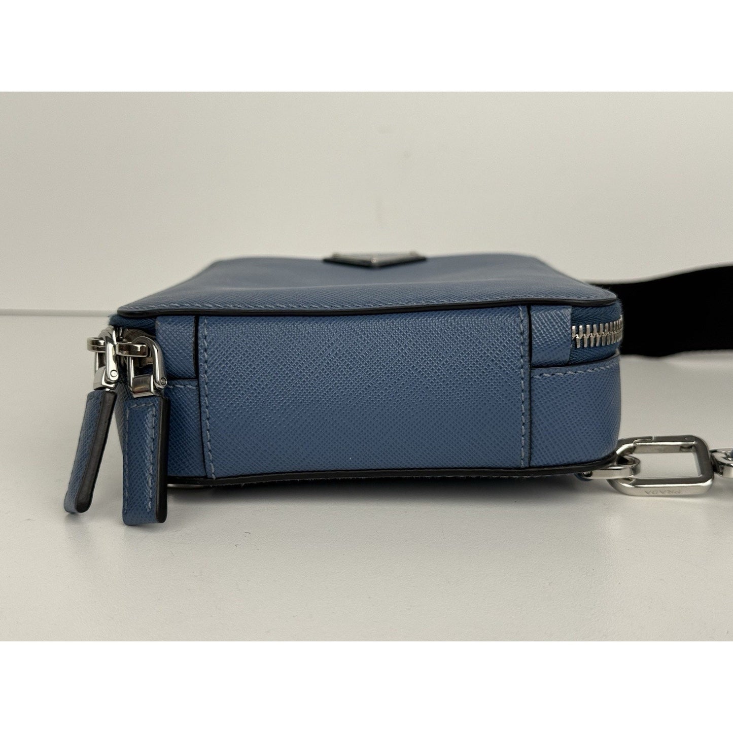 Prada Saffiano Leather Brique Crossbody Messenger Bag Bluette