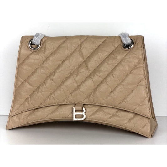 Balenciaga Large Crush Quilted Leather Chain Shoulder Bag in Light Taupe B3
