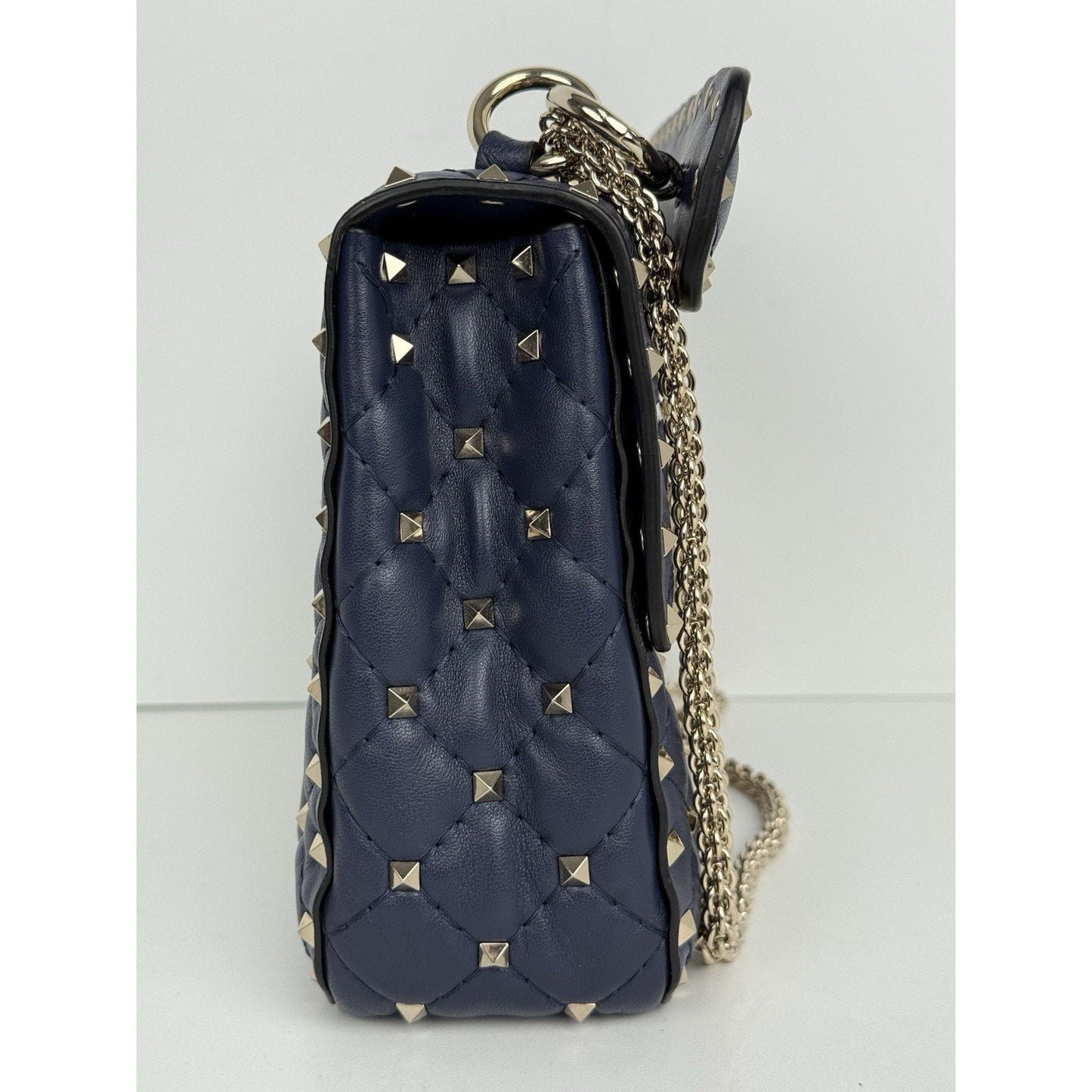 Valentino Garavani Nappa VLTN Print Medium Rockstud Spike Shoulder Bag Navy Blue