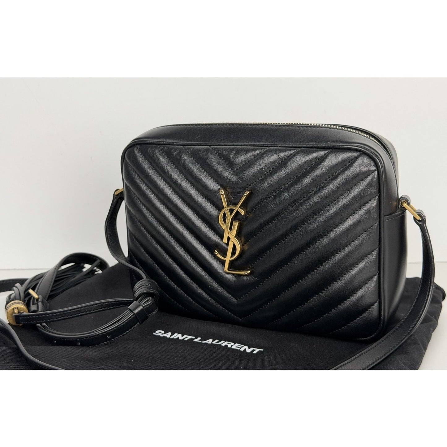 Saint Laurent Lou Camera Bag Medium Chevron Quilted Black Calfskin Leather D9