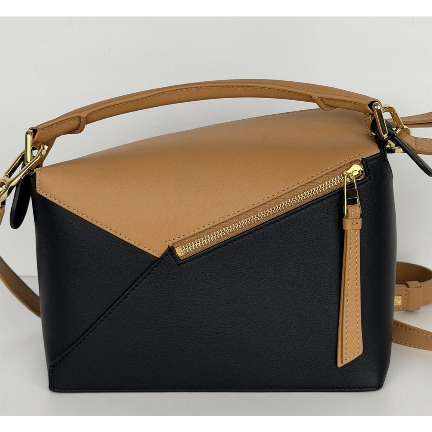 LOEWE Puzzle Edge Small Bag in Brown and Black Calfskin Leather B1