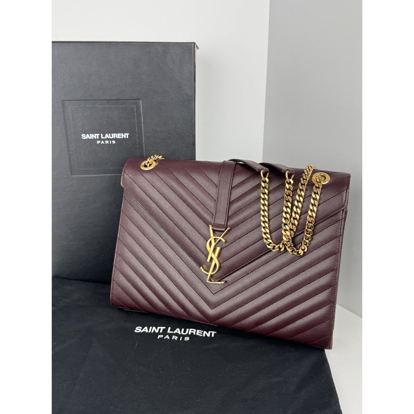 SAINT LAURENT Grain De Poudre Matelasse Chevron Large Monogram Satchel B-6