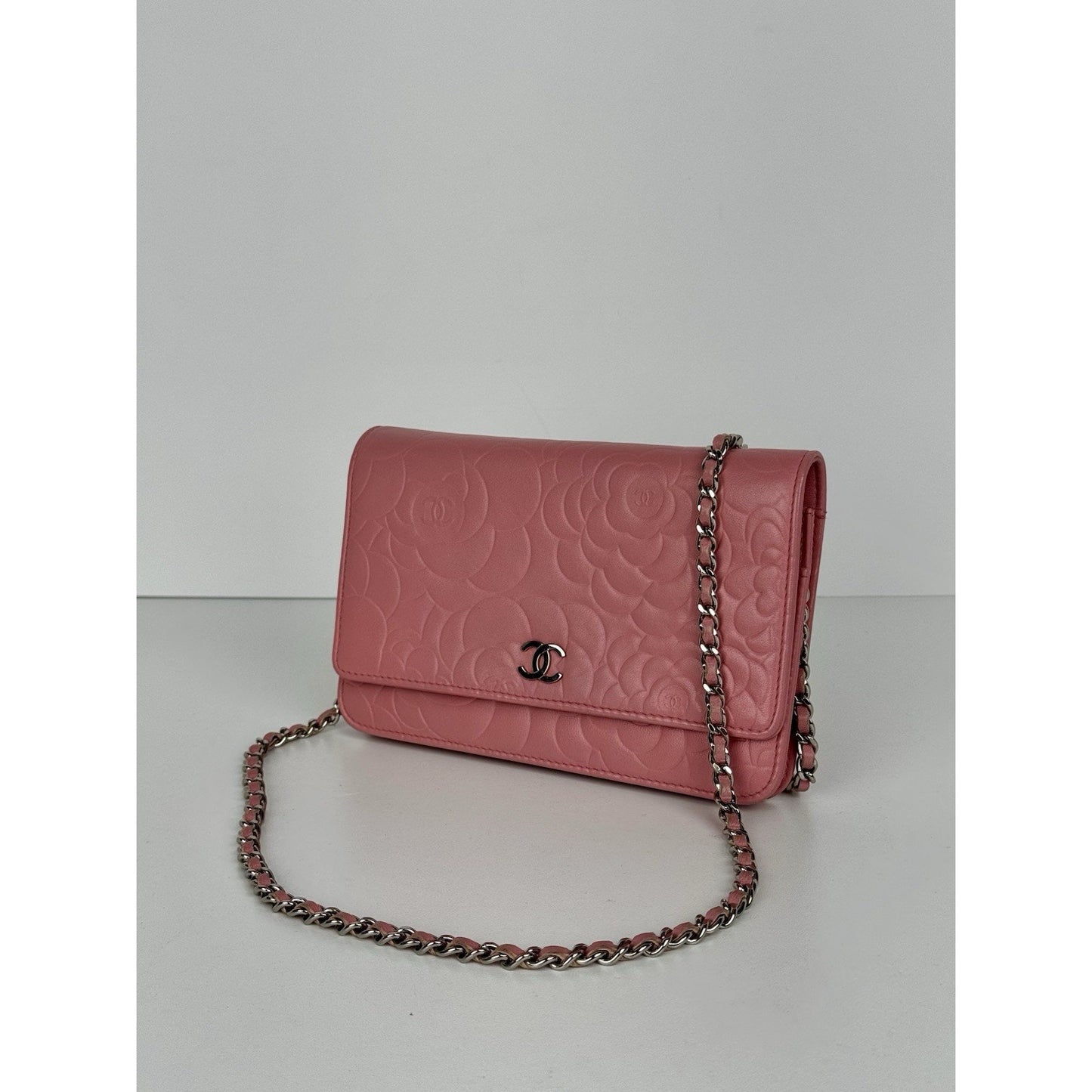Chanel Camellia Wallet on Chain Pink Embossed Lambskin Silver Hardware B-9