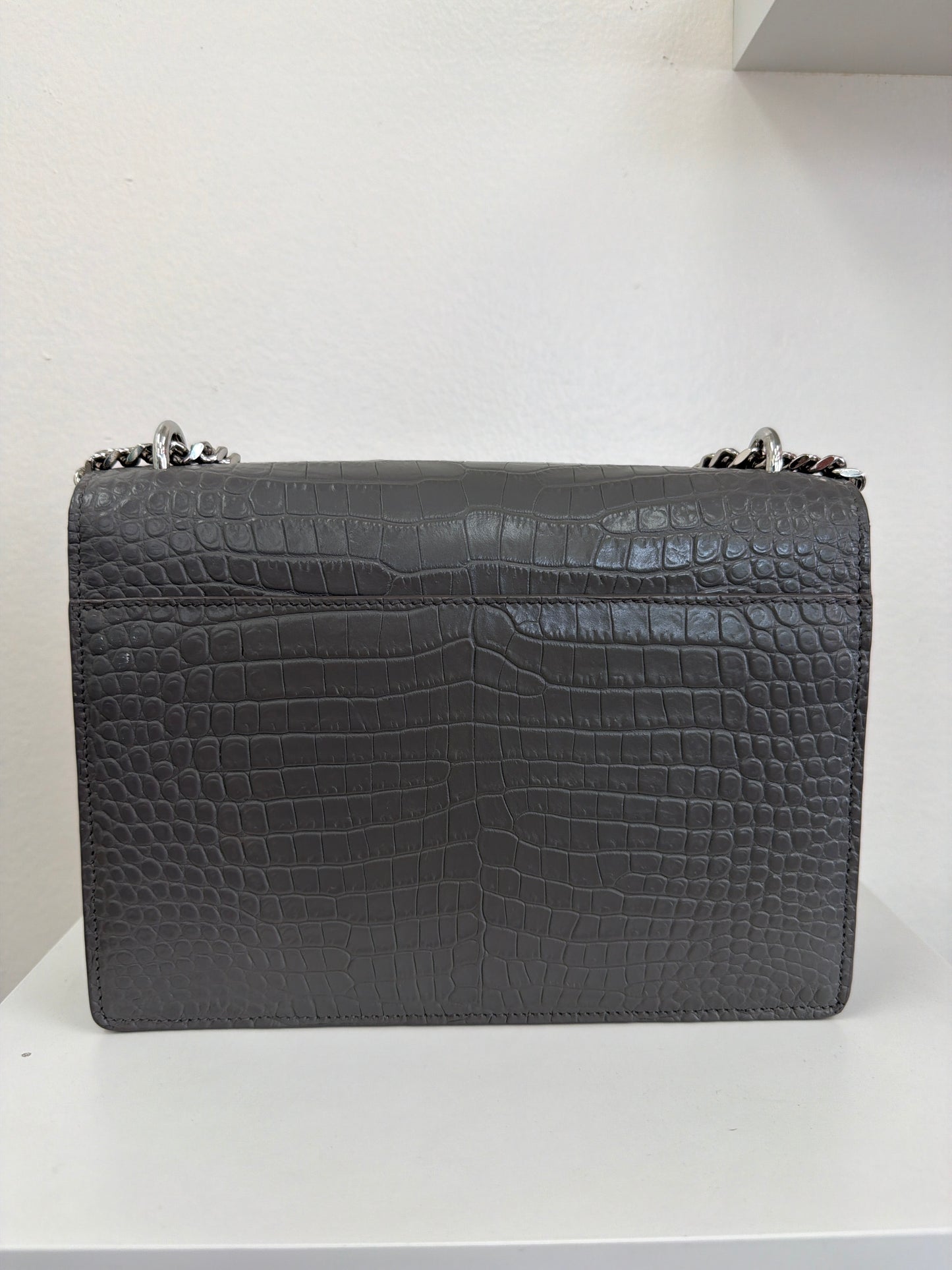 Saint Laurent Sunset Crocodile Embossed Leather Grey Medium Shoulder Bag