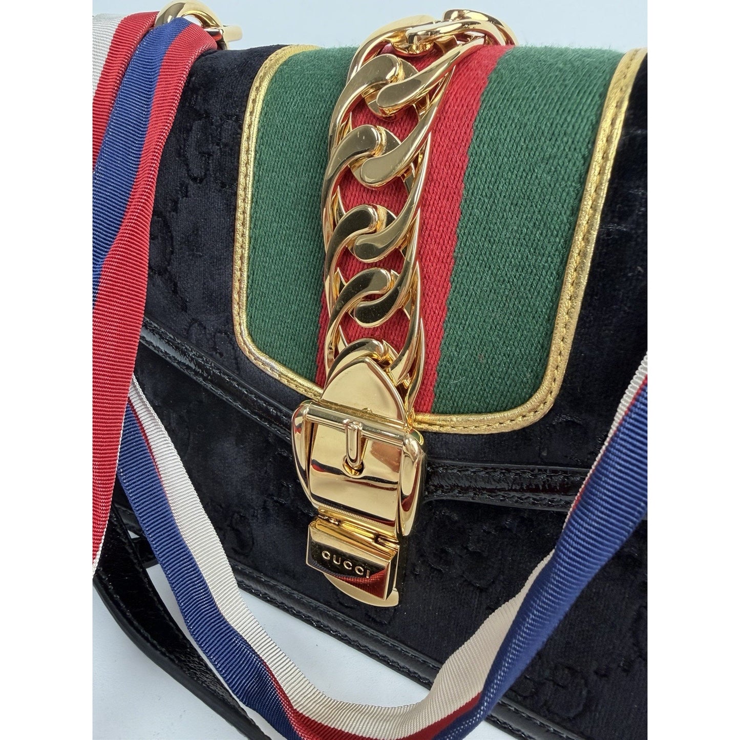 Gucci Sylvie Small Crossbody Bag in Black GG Velvet with Web S08