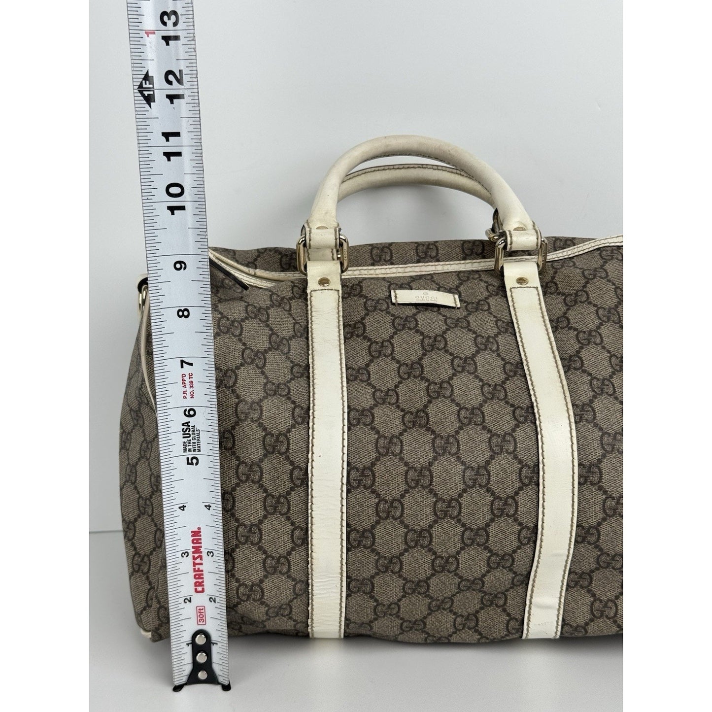 Gucci GG Supreme Medium Joy Boston Bag Brown Canvas White Leather Trim