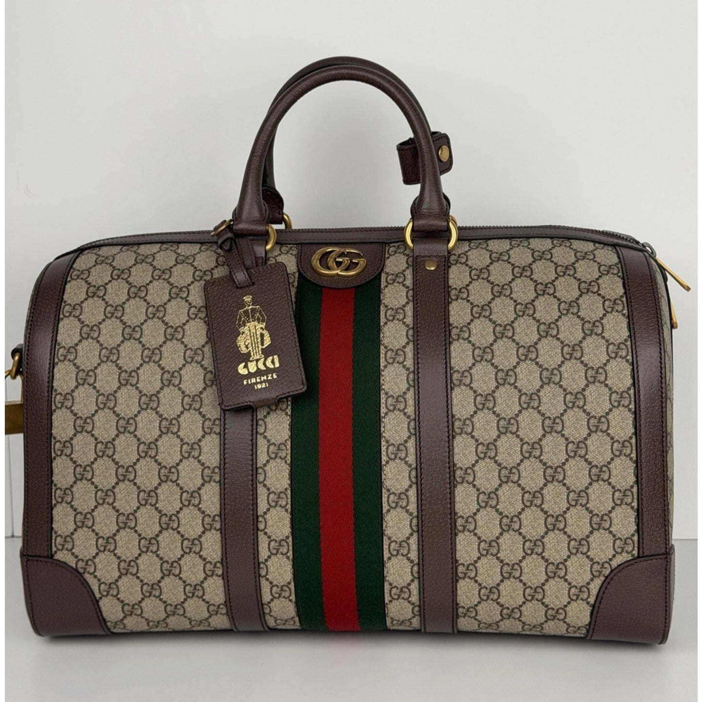 Gucci Savoy Medium Duffle Bag GG Supreme Canvas Brown Leather Trim