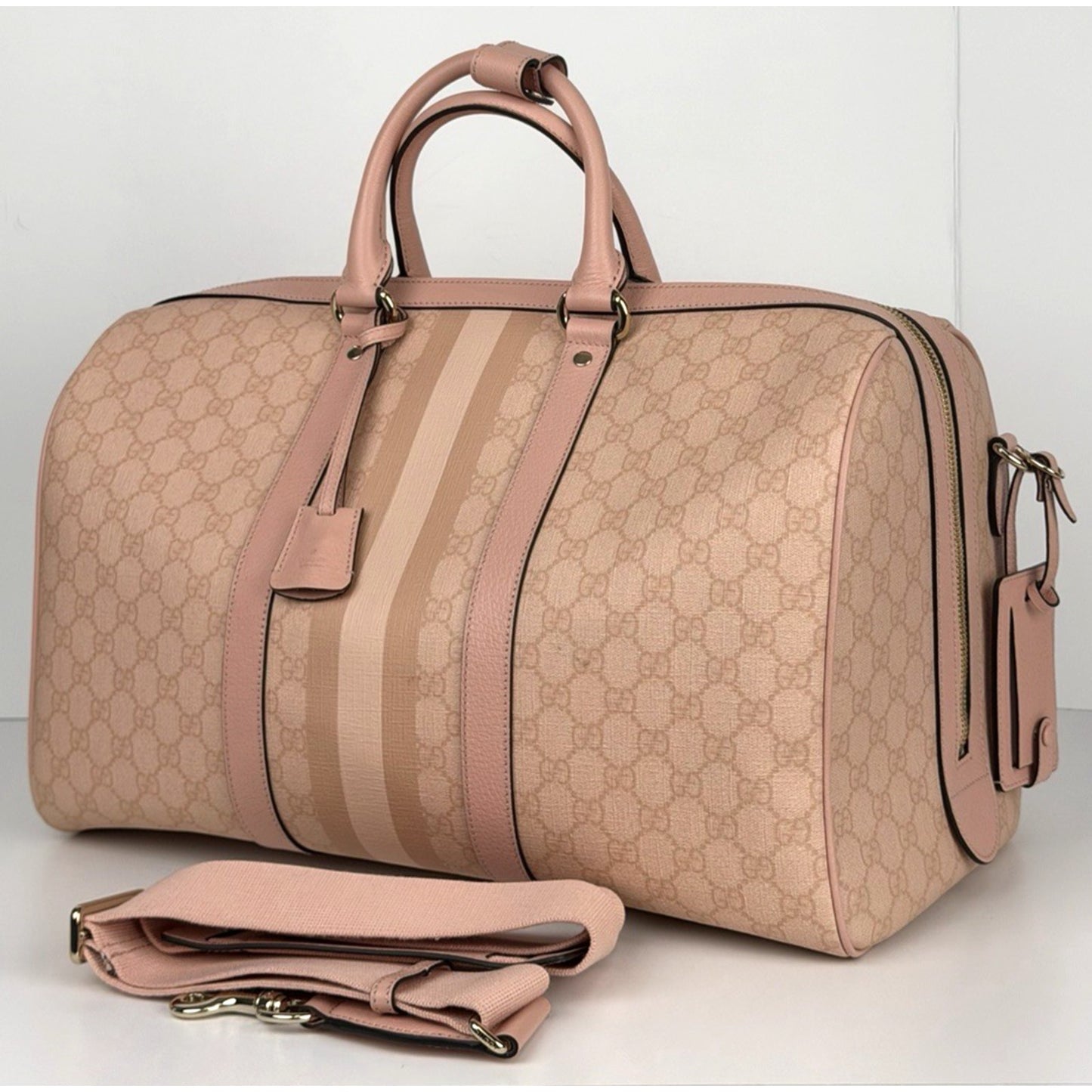 Gucci Ophidia Medium Duffle Bag in Dusty Pink GG Supreme Canvas and Leather S