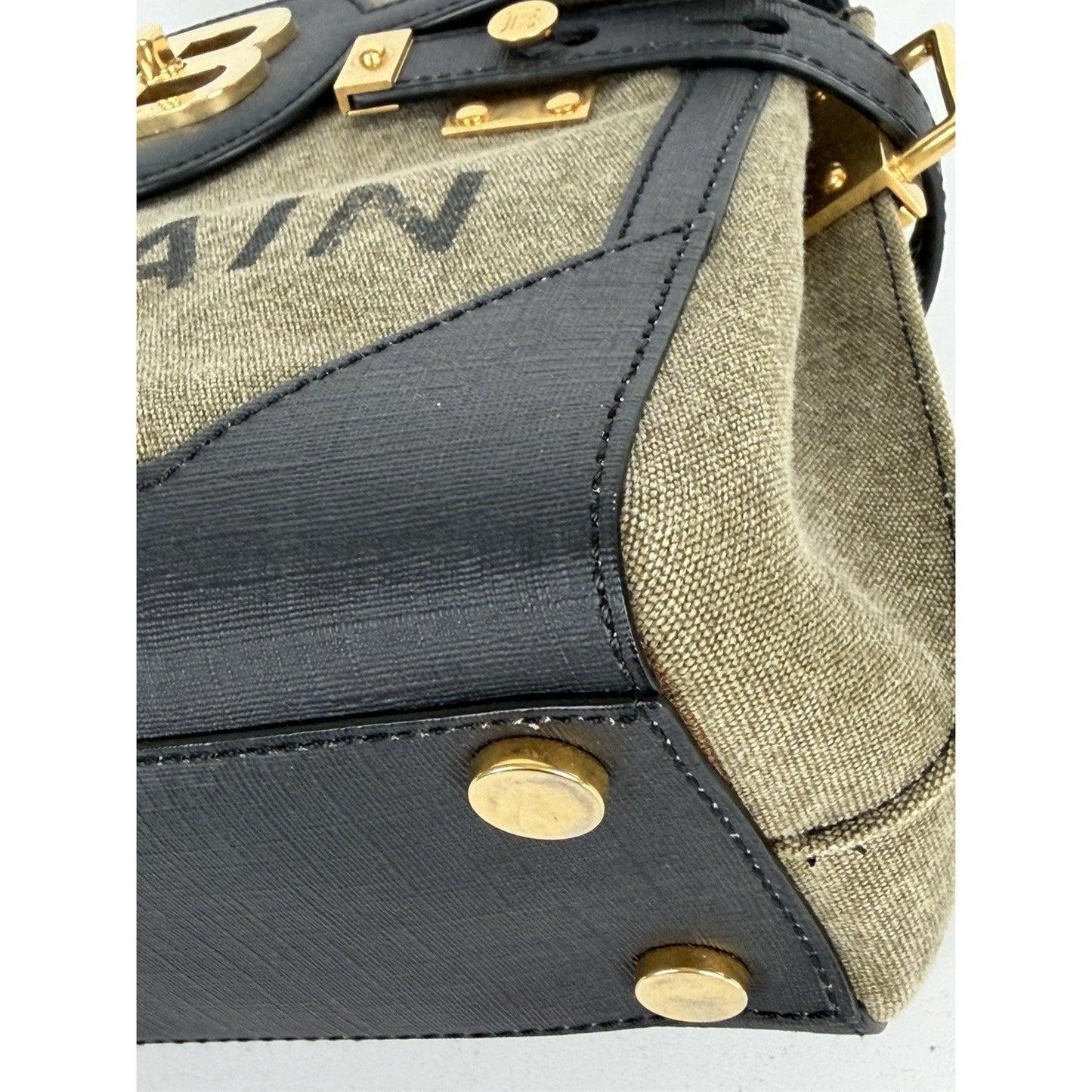 Balmain B-Buzz 23 Bag in Khaki Canvas & Black Leather with Gold-Tone Hardware S4