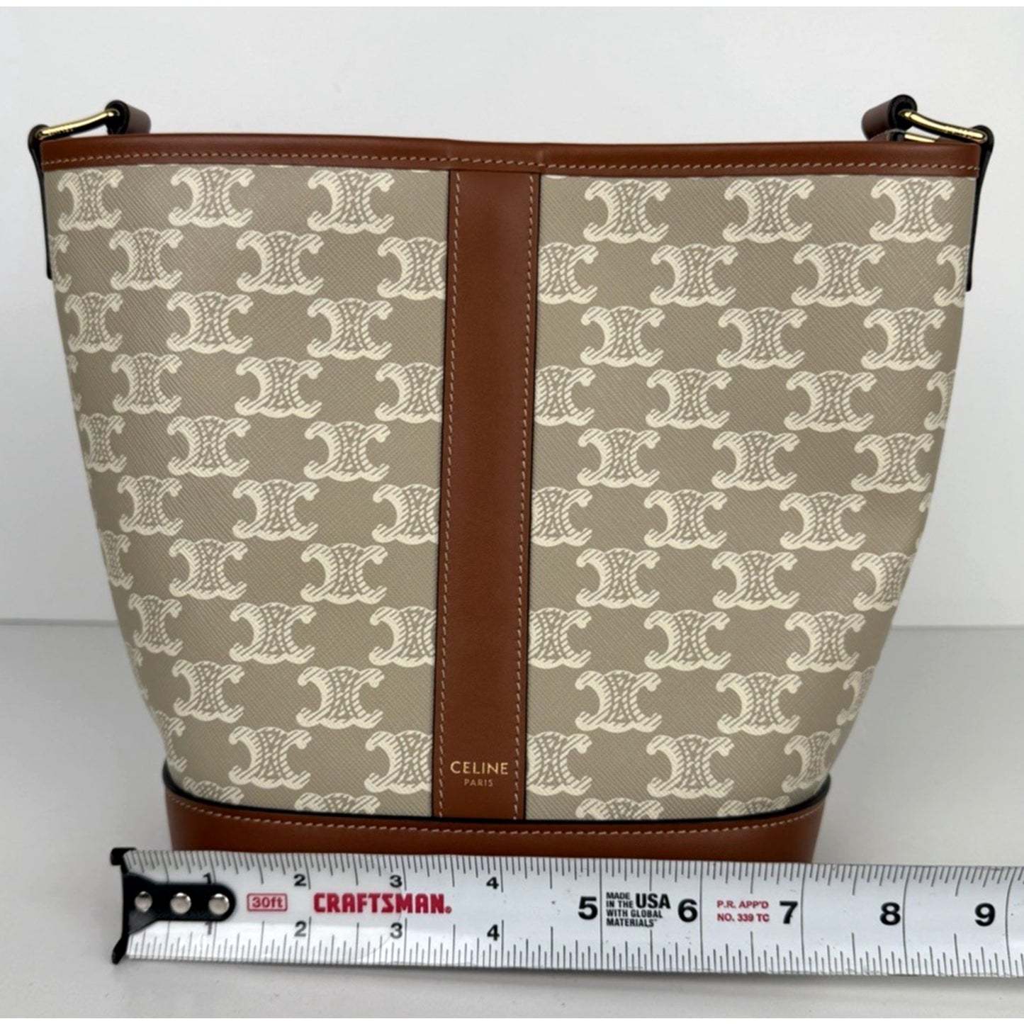 Celine Bucket Bag Small in Tan Triomphe Canvas with Calfskin Leather Trim S14