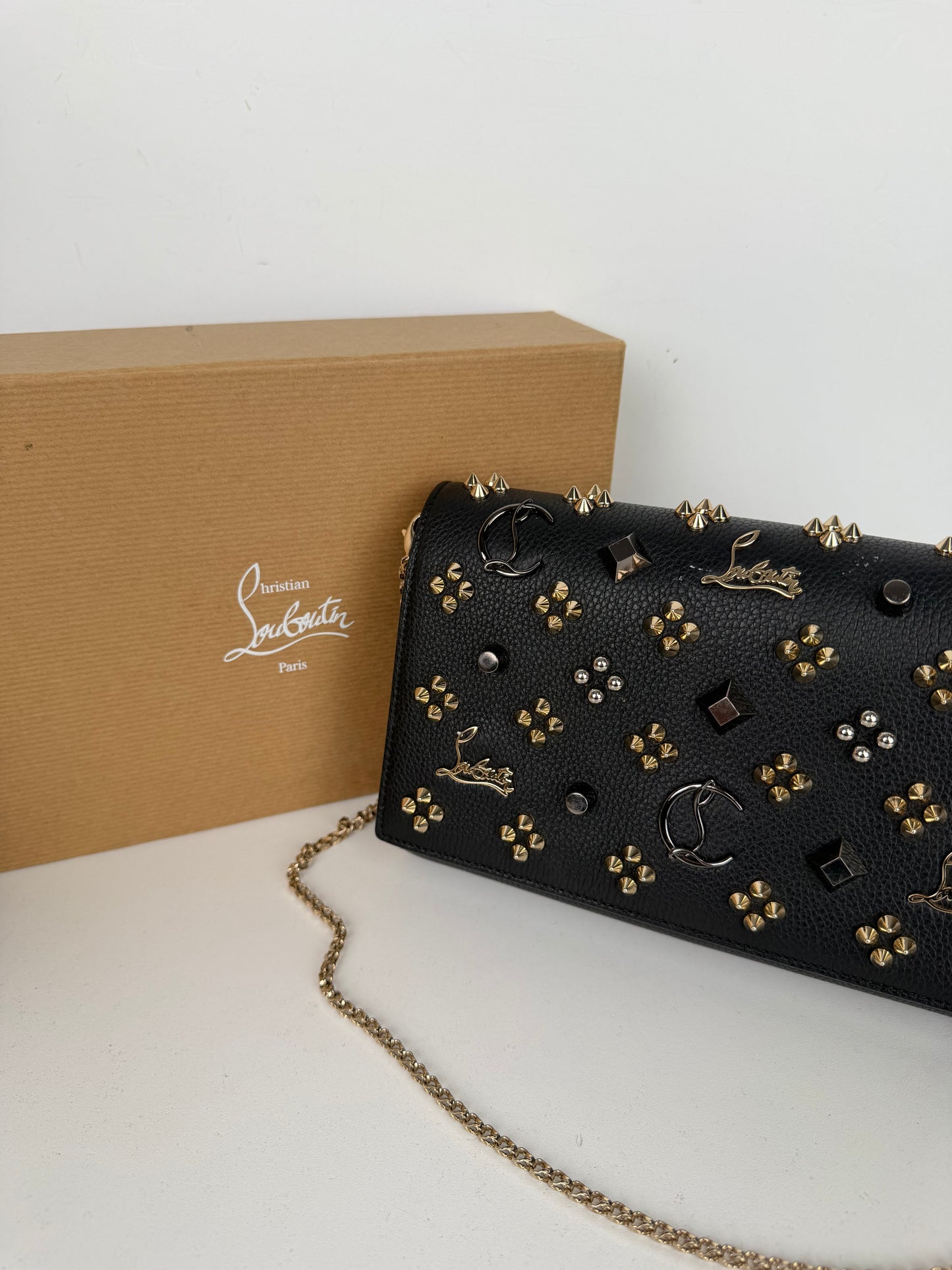 Christian Louboutin Paloma Clutch Bag in Black Leather with Spike Accents YS