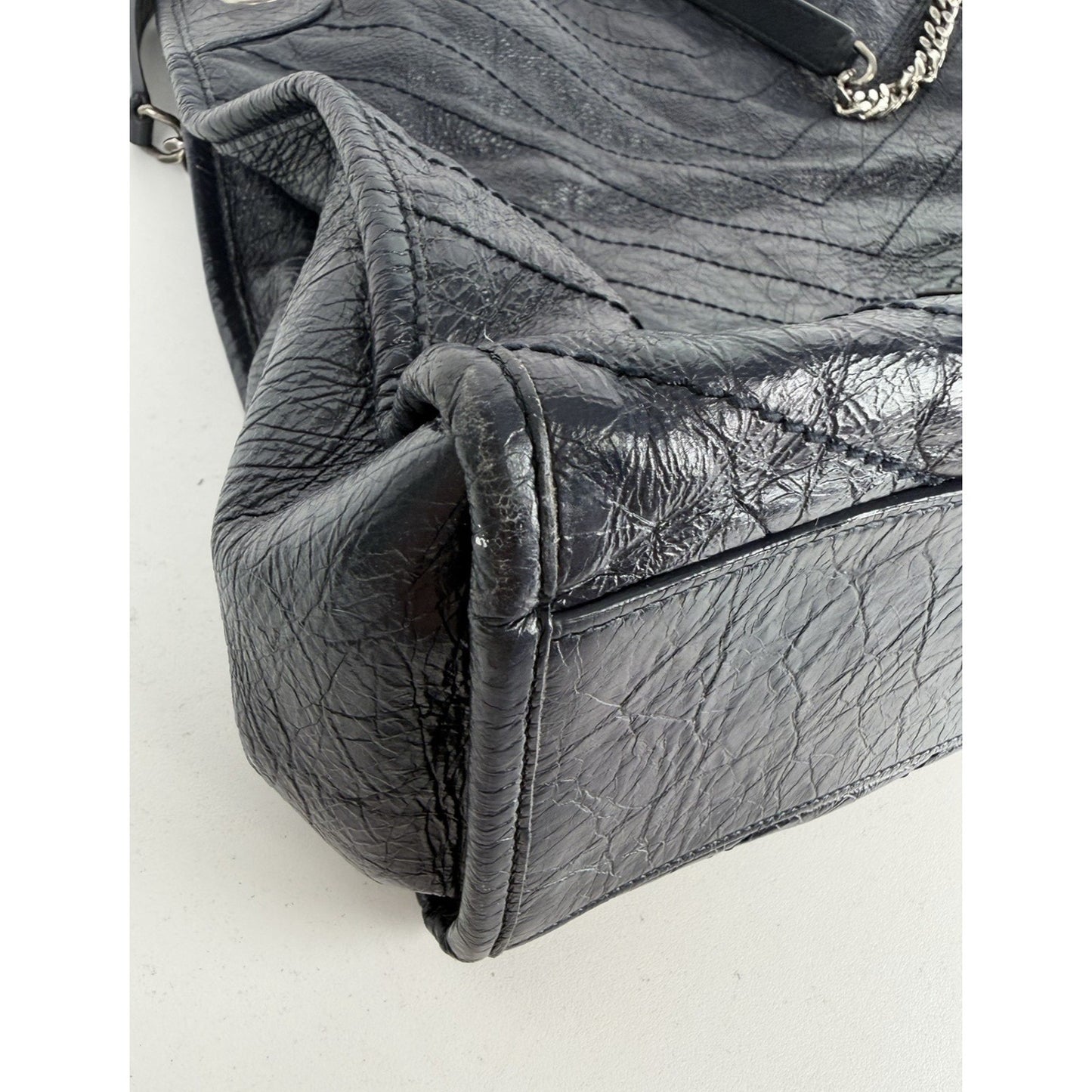 Saint Laurent Niki Shopper Tote Bag Large in Dark Navy Crinkled Leather S-13