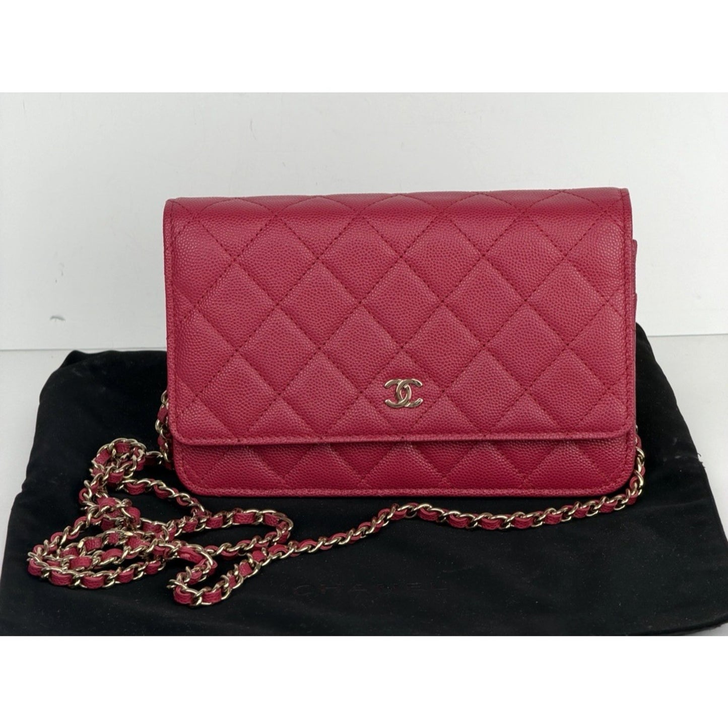 Chanel Classic Flap Wallet on Chain in Dark Pink Quilted Caviar Leather NFC U3