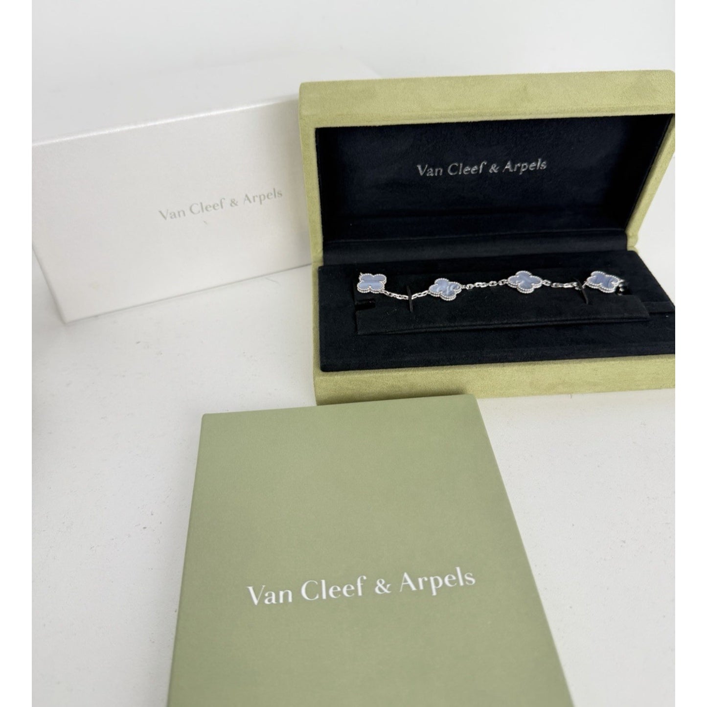 Van Cleef & Arpels Vintage Alhambra 5-Motif Bracelet 18k White Gold Chalcedony