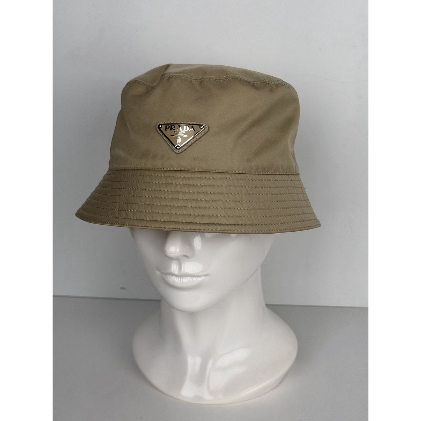 Prada Re-Nylon Bucket Hat Desert Beige & Metal Triangle Logo K3