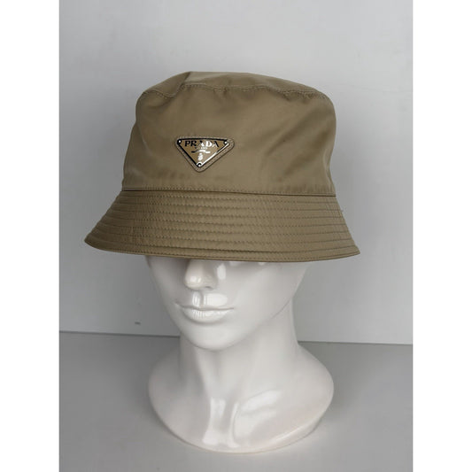 Prada Re-Nylon Bucket Hat Desert Beige & Metal Triangle Logo K3