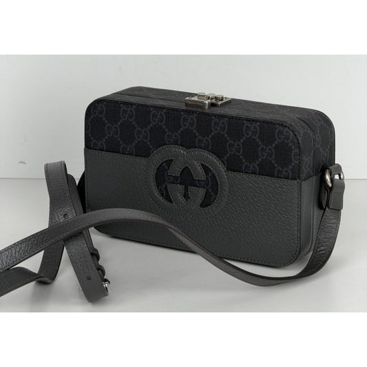 Gucci GG Supreme Interlocking G Shoulder Bag Grey Canvas&Black Leather Trim S17