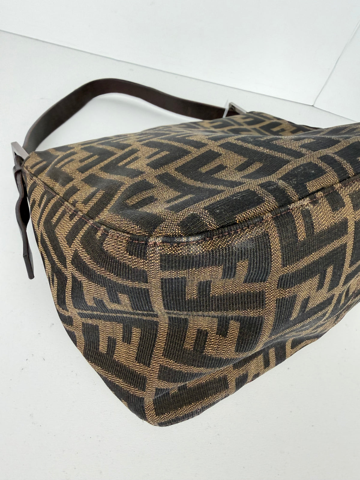 Fendi Zucca FF Double Flap Baguette Shoulder Bag in Brown Canvas