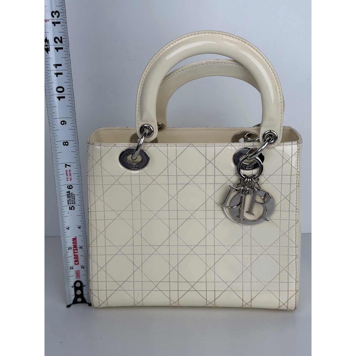 Christian Dior Lady Dior Medium Bag in Beige Patent Cannage Leather C9