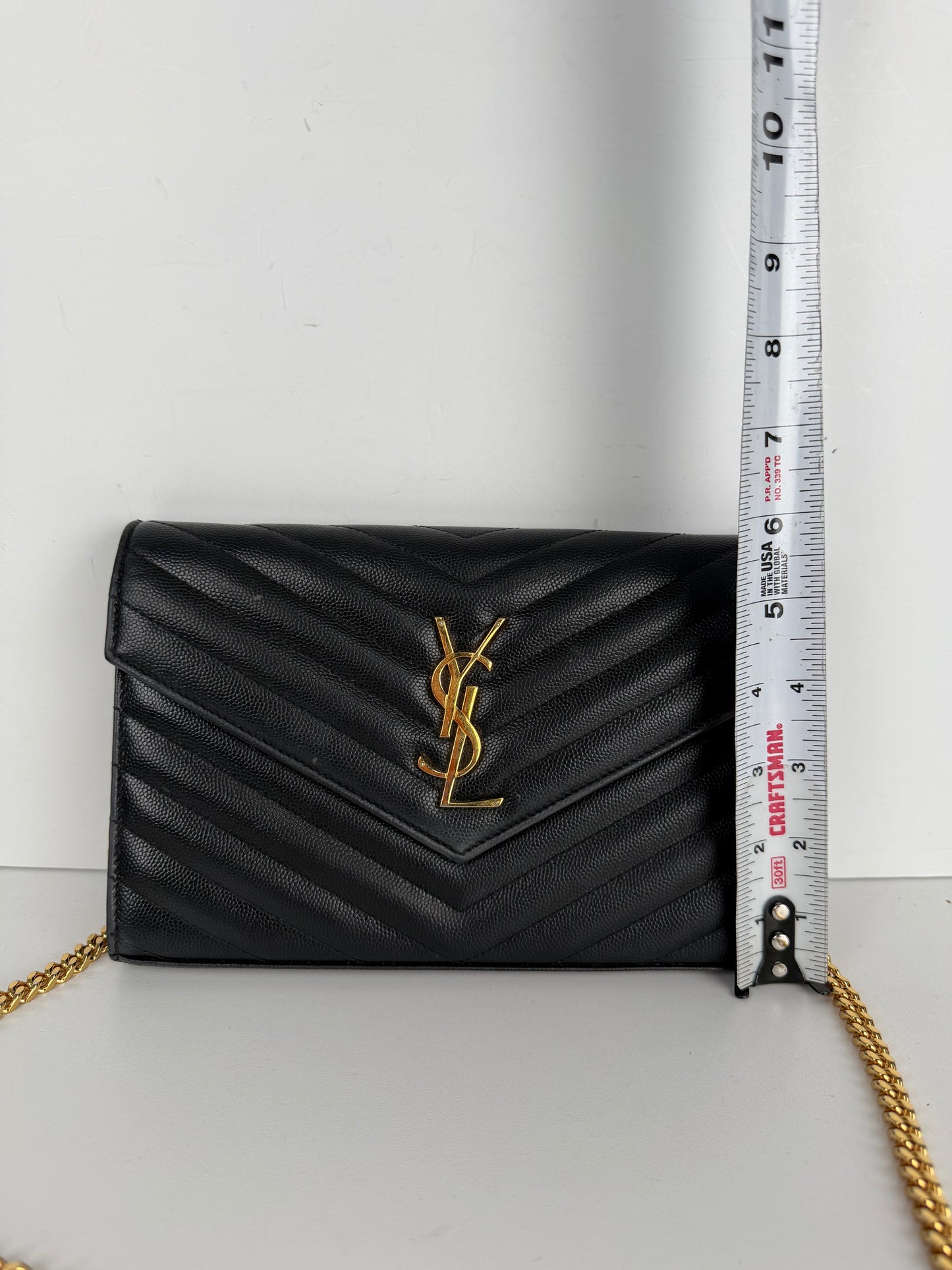 Saint Laurent Cassandre Wallet on Chain Bag in Black Grain De Poudre Leather YS-03