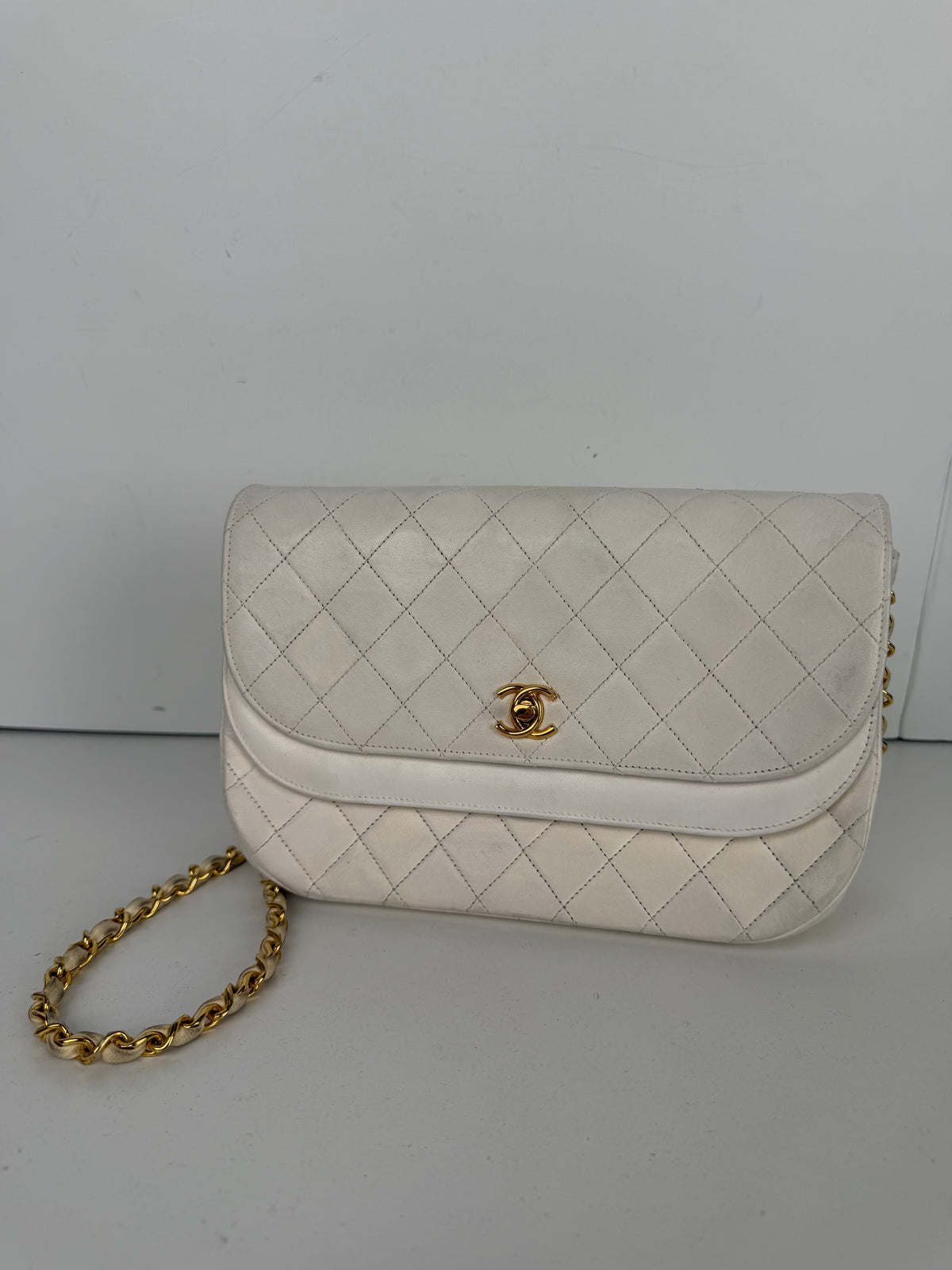Chanel Half Moon Vintage Double Flap Bag in White Lambskin Leather With Gold-Tone Hardware