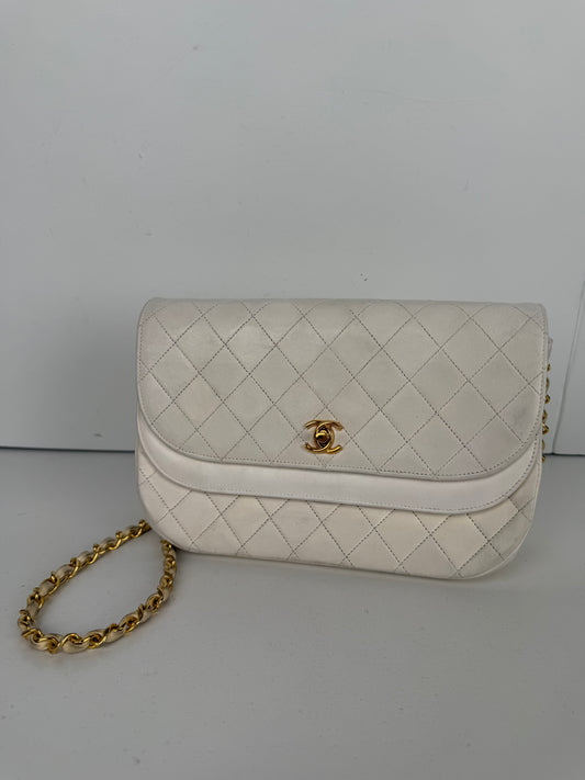 Chanel Half Moon Vintage Double Flap Bag in White Lambskin Leather With Gold-Tone Hardware C2