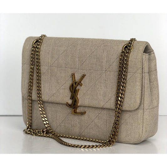 Saint Laurent Jamie Carre Rive Gauche Medium Chain Bag Natural Beige Canvas F2