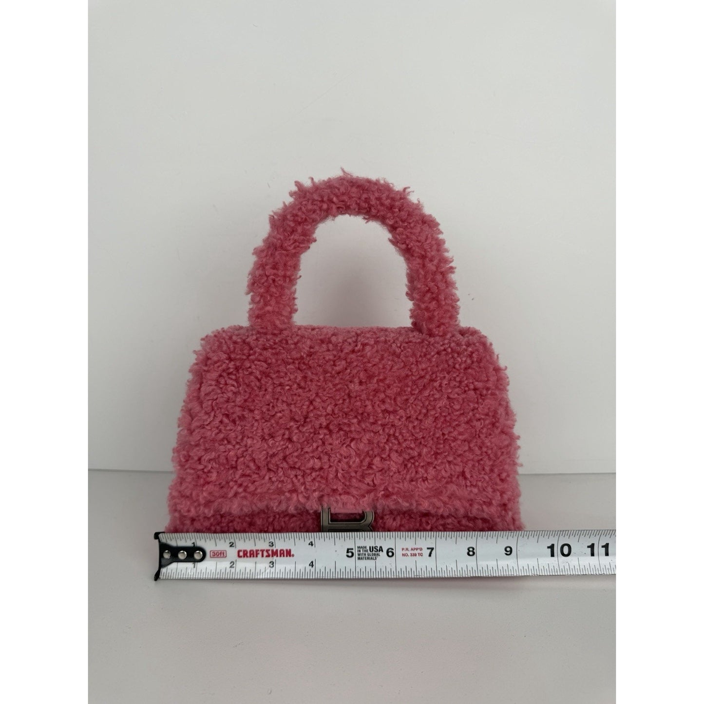 Balenciaga Hourglass Top Handle Bag Small in Pink Fuzzy Faux Fur S-01