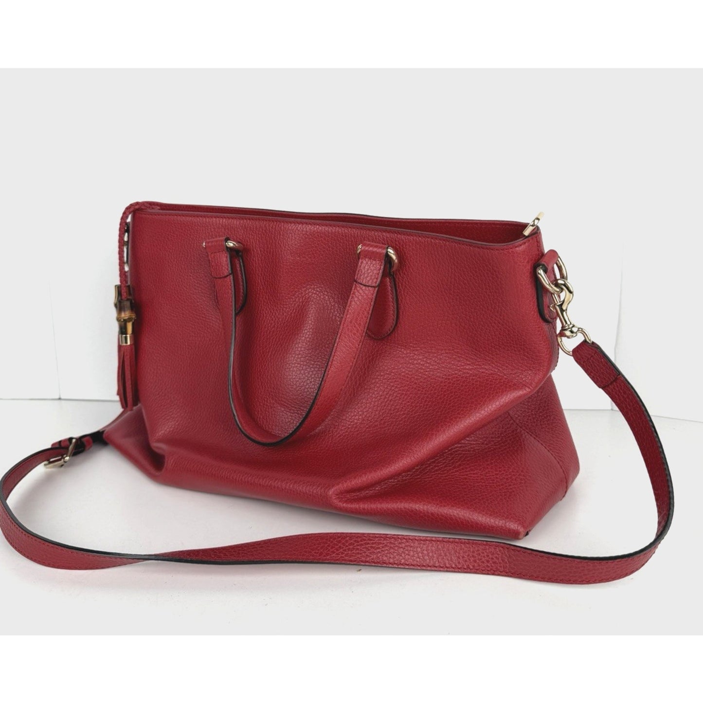 Gucci Braided & Bamboo Accent Tassel Tote Bag Medium in Red Leather S-13