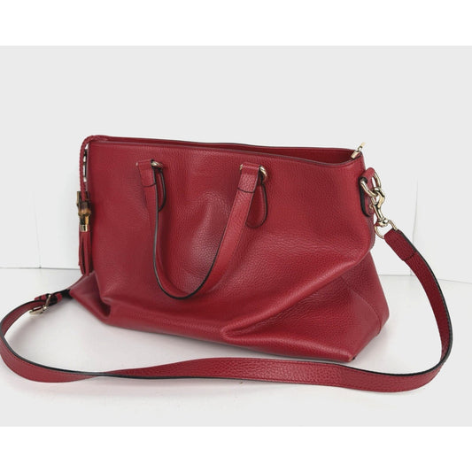 Gucci Braided & Bamboo Accent Tassel Tote Bag Medium in Red Leather S-13
