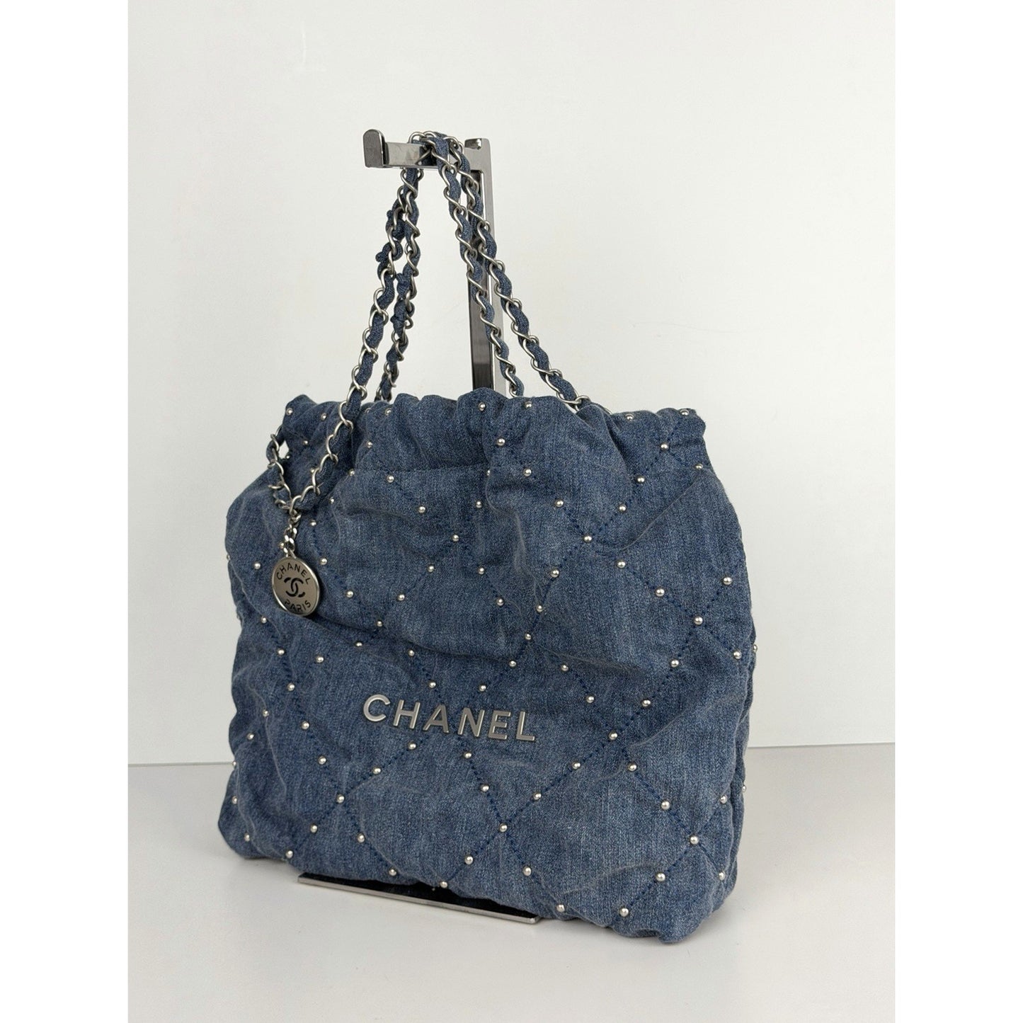 Chanel 22 Small Shoulder Hobo Bag in Denim With Studs and With a Pouch NFC E-3