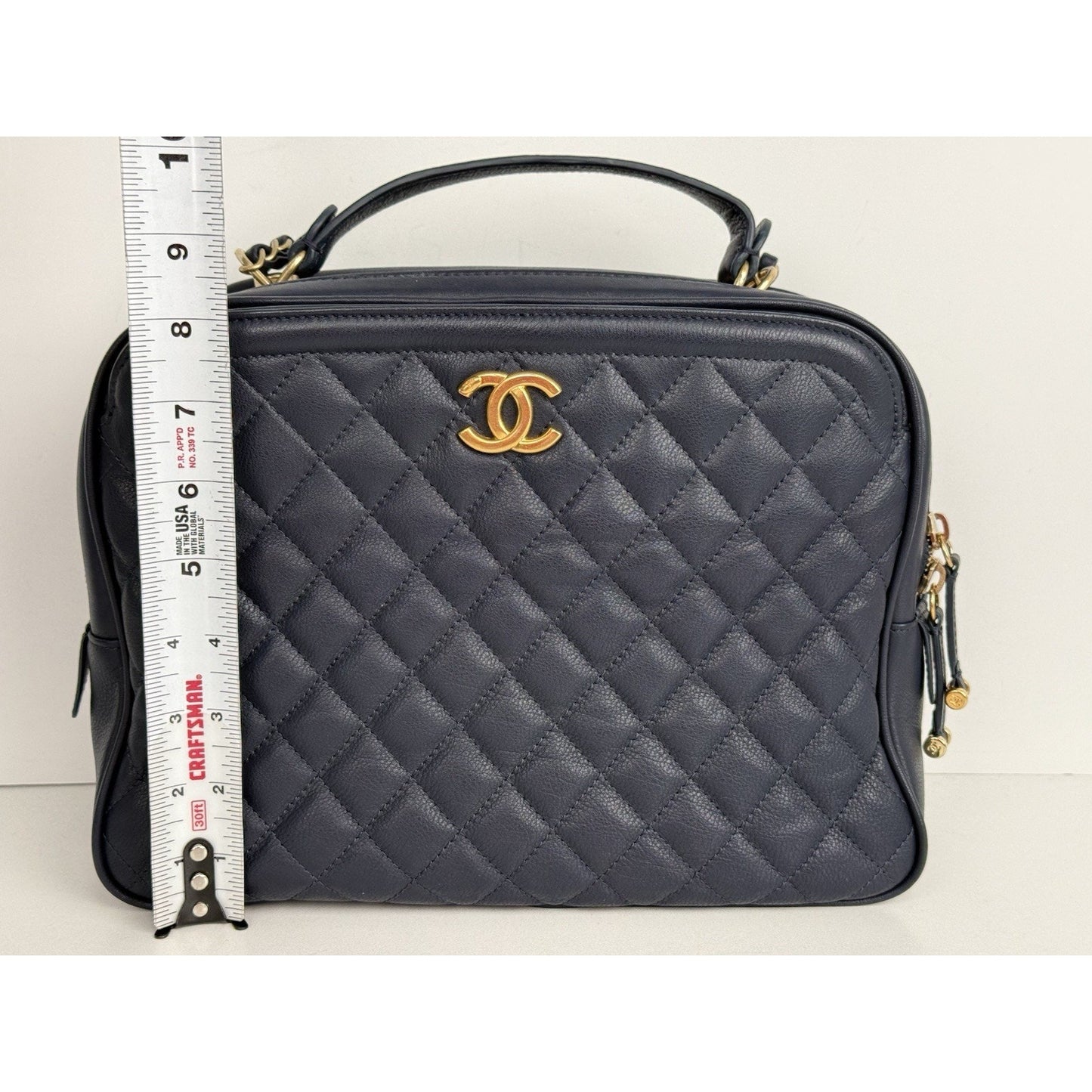 CHANEL Calfskin Quilted CC Medium Vanity Case Navy Blue Gold Hardware B-5
