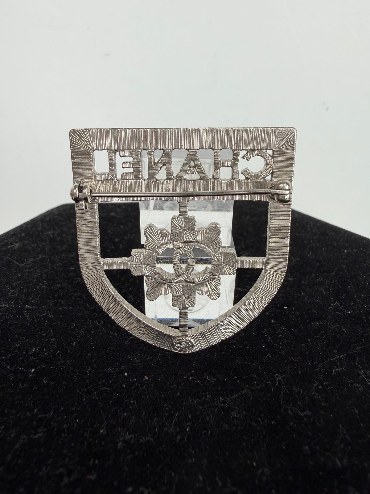 Chanel Swarovski Baguette Crystal CC Shield Brooch in Silver-Tone 2016 Collection K3