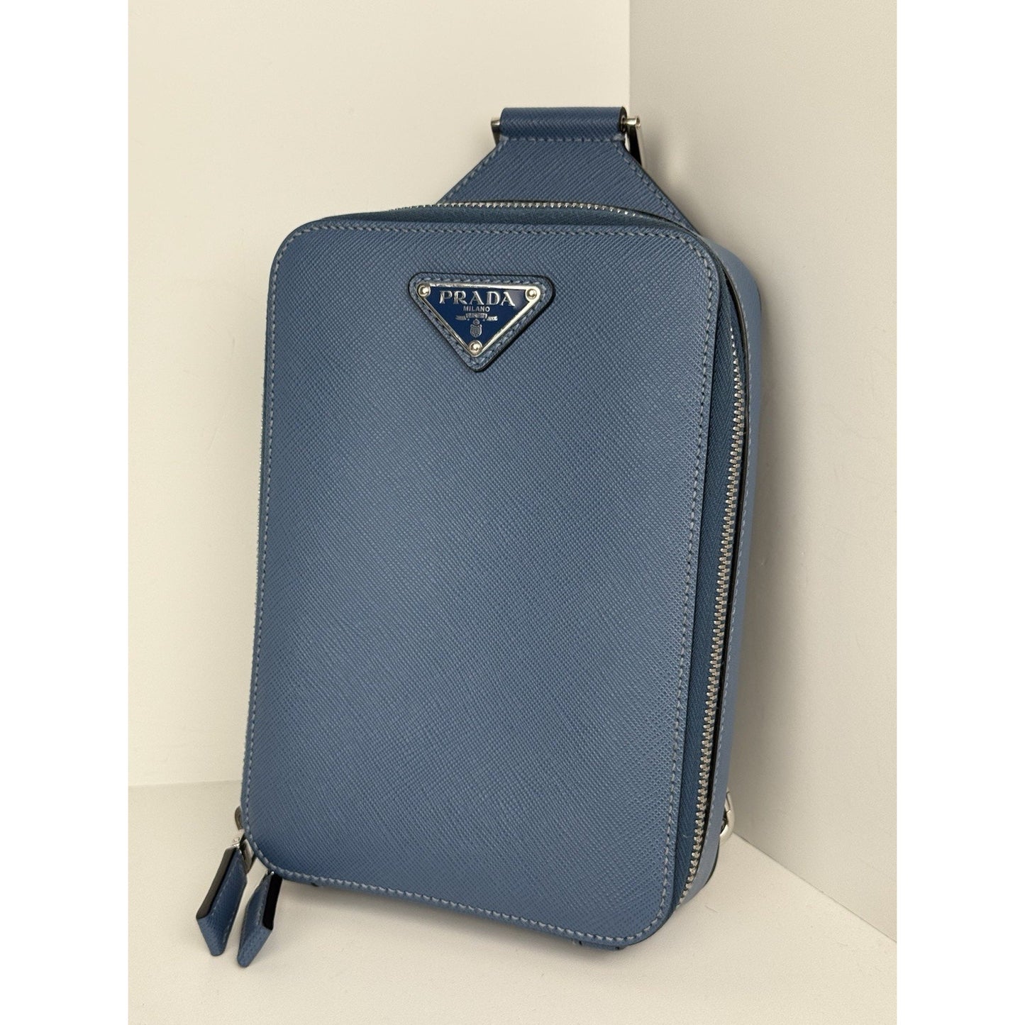 Prada Saffiano Leather Brique Crossbody Messenger Bag Bluette