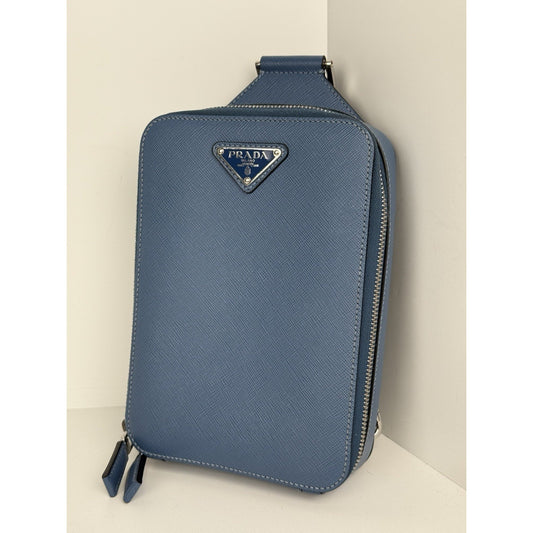 Prada Saffiano Leather Brique Crossbody Messenger Bag Bluette